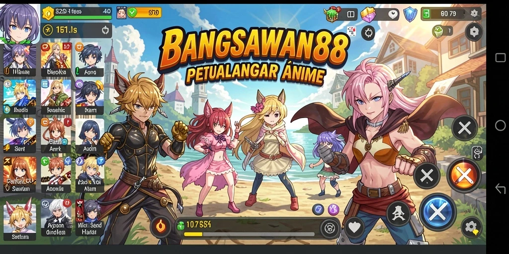 Screenshot gameplay BANGSAWAN88 yang menampilkan pertarungan epik dan karakter anime.
