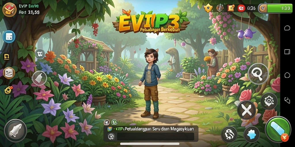 Tampilan gameplay menarik EVIP3 dengan elemen berkebun yang seru.