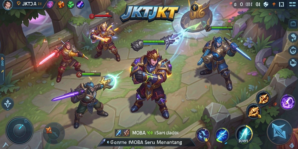 Screenshot utama JKTJKT menampilkan aksi seru pertarungan MOBA.