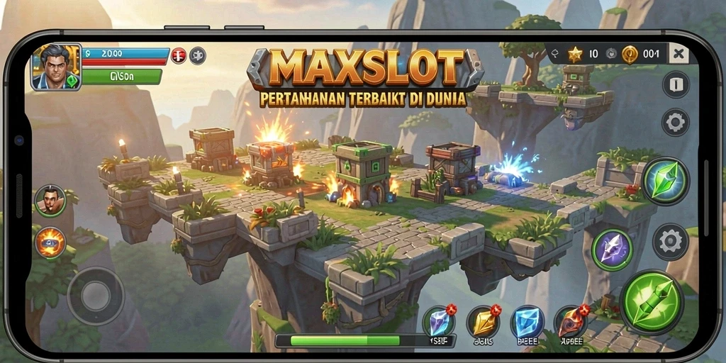 Screenshot gameplay MAXSLOT menampilkan menara yang siap menghadapi gelombang musuh.