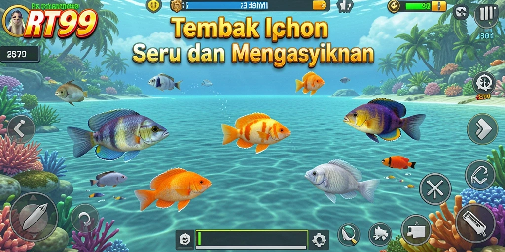 Screenshot dari gameplay seru RT99 dengan berbagai jenis ikan.